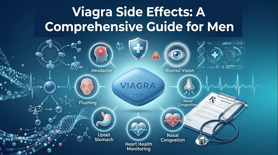 An infographic illustrating common Viagra side effects and symptoms in men.