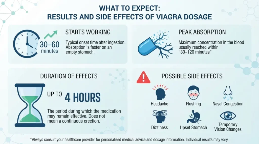 An infographic detailing Viagra results and side effects, including timing window, 4-hour duration, and common symptoms like headache and flushing.