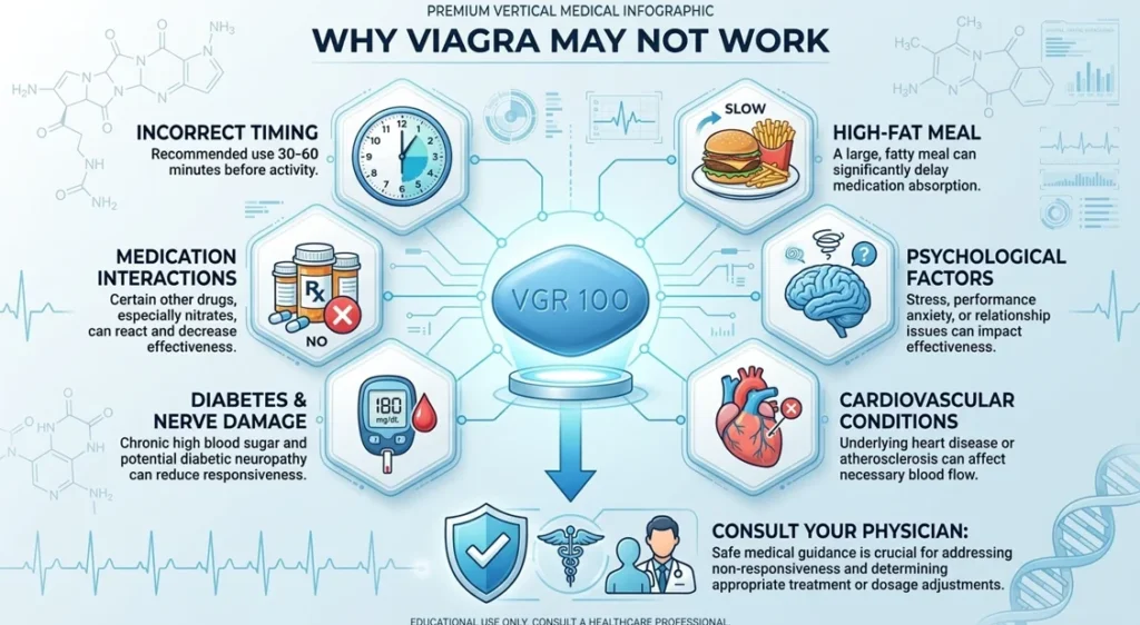 An infographic detailing key reasons why Viagra may not work, highlighting factors like timing, food intake, and incorrect Viagra dosage.