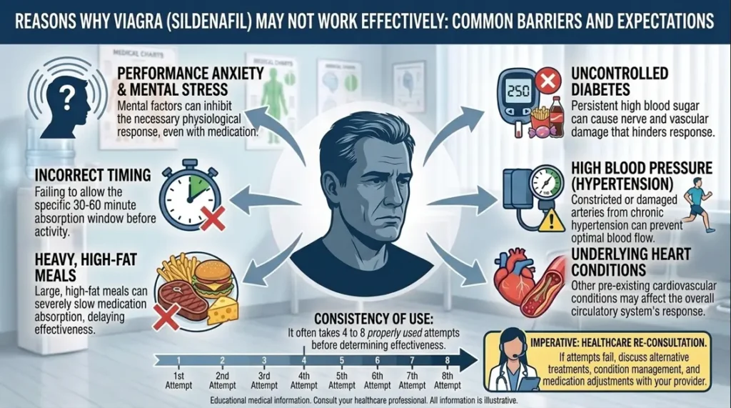 An infographic explaining common reasons why Viagra might not work effectively, focusing on factors related to how to use Viagra tablet properly.