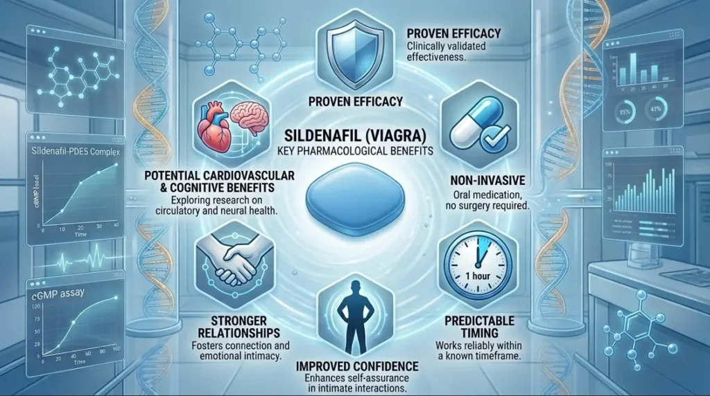 An infographic highlighting the primary medical and health benefits of Viagra, focusing on how Viagra works for erectile dysfunction and cardiovascular health.