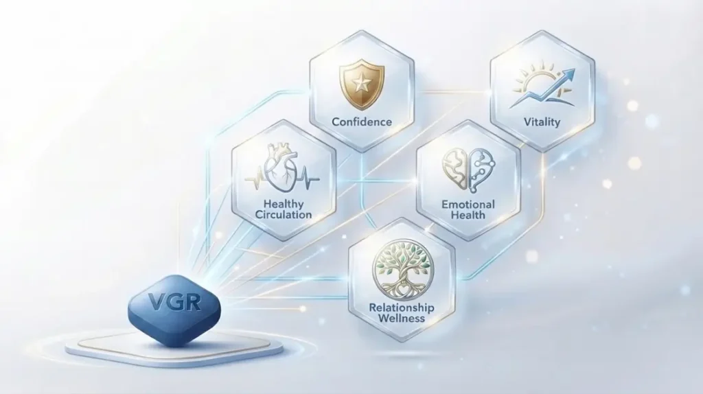 An infographic highlighting various viagra benefits, featuring glowing hexagons representing confidence, healthy relationships, and physical wellness next to a blue pill.