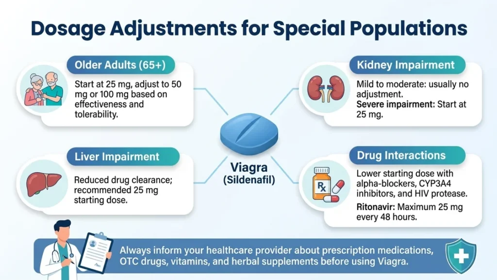 Infographic outlining dosage adjustments for special populations when considering viagra tablet uses.