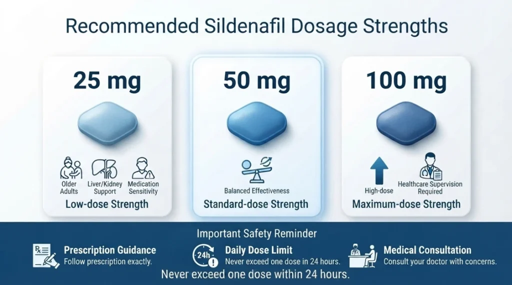 An infographic chart showing the recommended dosage strengths of 25mg, 50mg, and 100mg for a Viagra tablet, along with a daily dose limit warning.