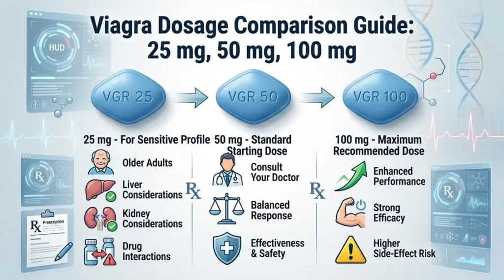 A comparative infographic chart of Viagra dosage strengths (25mg, 50mg, and 100mg) showing patient profiles and efficacy levels.