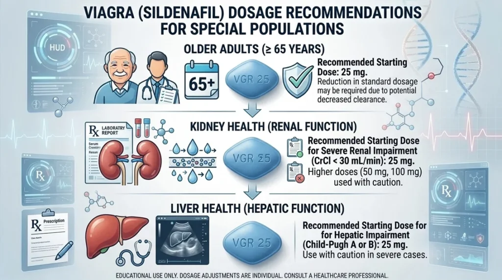An infographic detailing Viagra dosage recommendations for special populations, including older adults and those with kidney or liver health concerns.