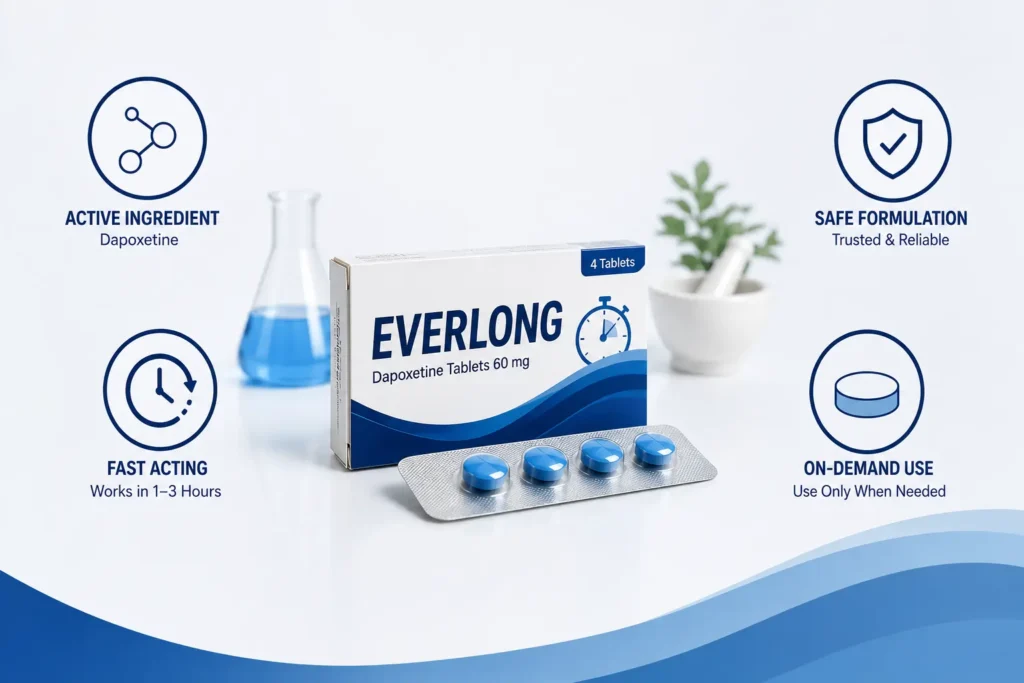 What Is Everlong Tablet - Dapoxetine 60mg box and blister pack overview
