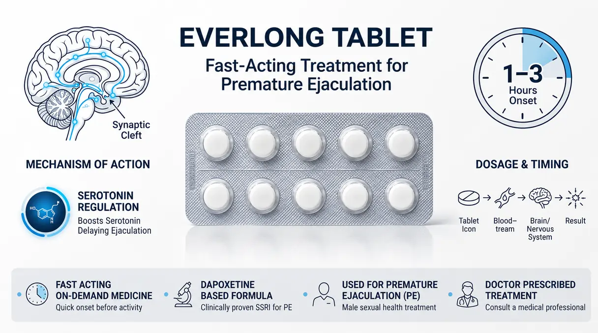 Medical infographic showing Everlong Tablet (Dapoxetine 30mg) blister pack, mechanism of action, serotonin regulation, and dosage timing for premature ejaculation treatment.