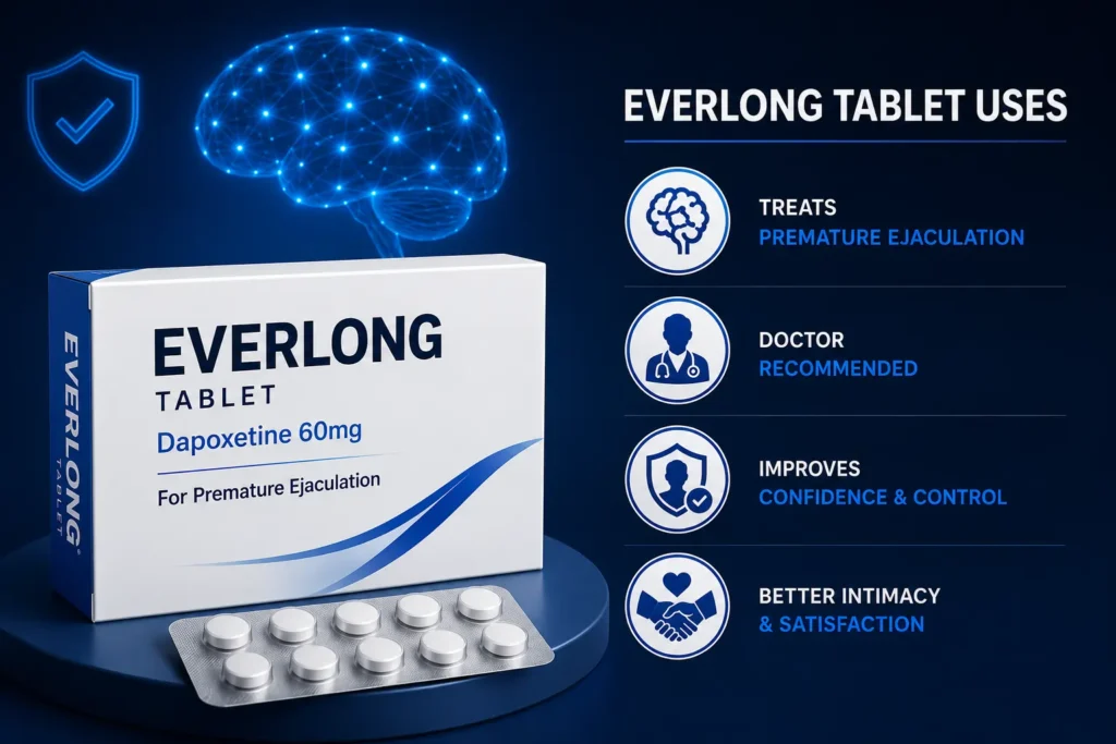 Everlong Tablet Uses and Benefits showing Dapoxetine 60mg for premature ejaculation treatment