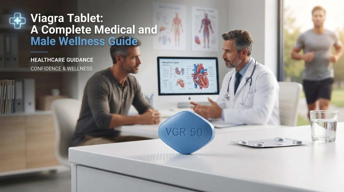 A healthcare professional explaining the usage and benefits of a Viagra tablet to a male patient in a clinic.