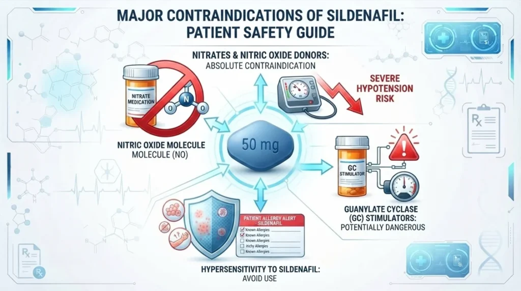 Medical warning chart showing major contraindications of Sildenafil, highlighting nitrates, severe heart conditions, and guanylate cyclase stimulators.