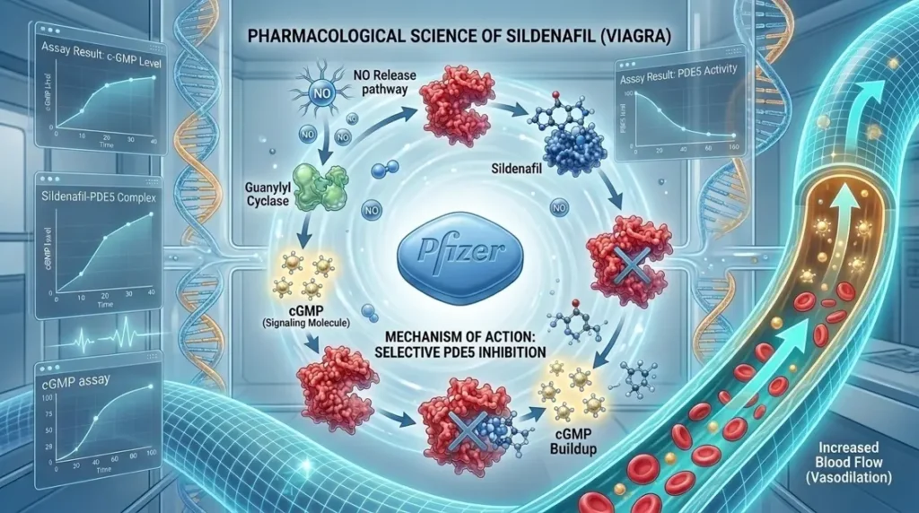 A scientific infographic detailing the pharmacological science of sildenafil and explaining how Viagra works at a cellular level.