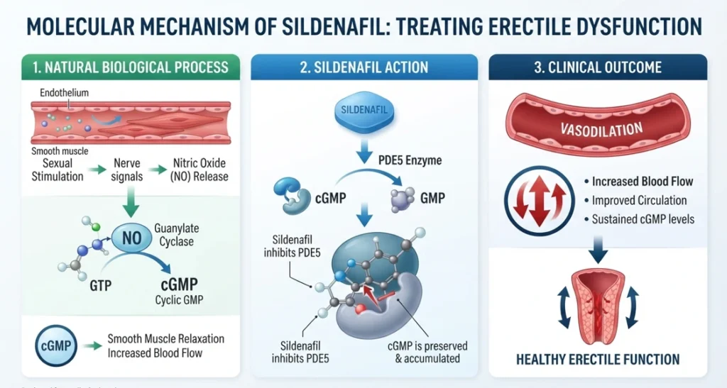 A medical infographic showing the scientific process of how a Sildenafil tablet works in the body by blocking PDE5 enzymes to improve blood flow.