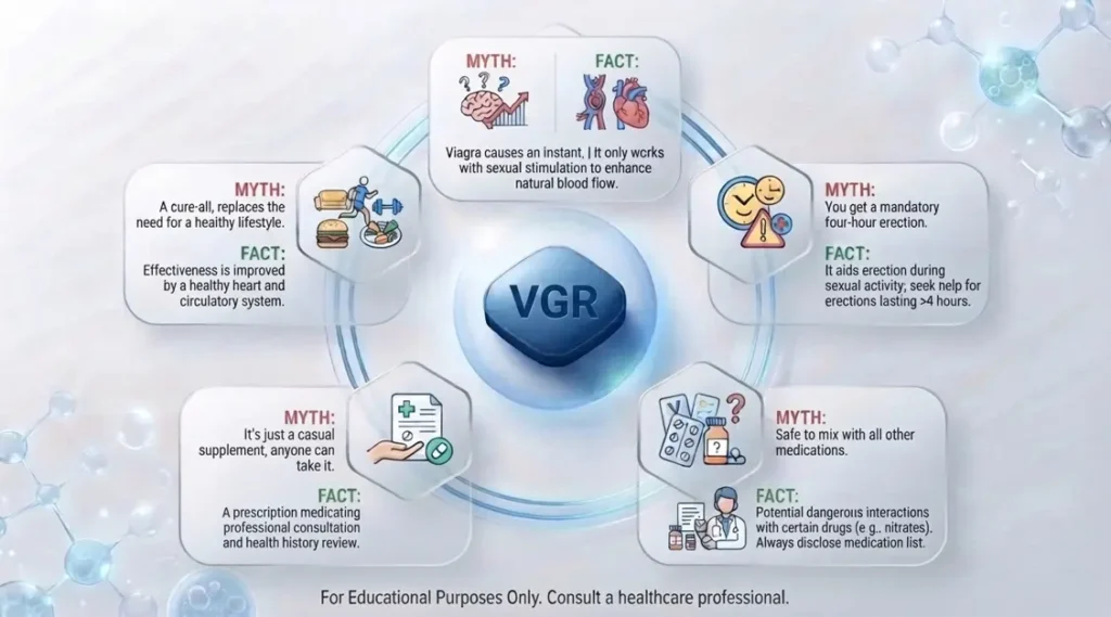 An infographic debunking common myths and highlighting facts about viagra benefits, featuring a central VGR icon with safety dos and don'ts.