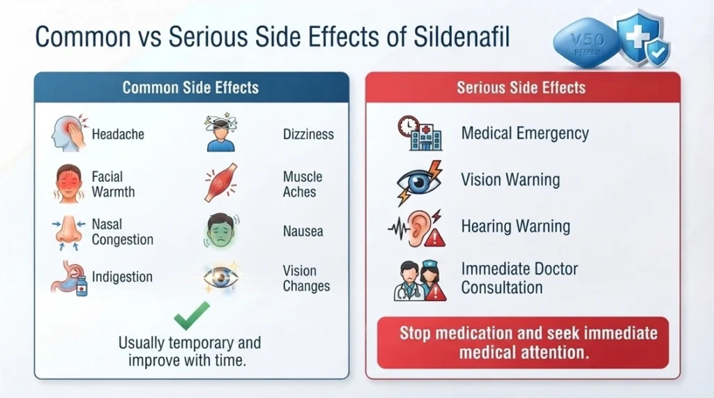 An infographic comparing the common side effects of a Sildenafil tablet with serious symptoms that require immediate medical attention.