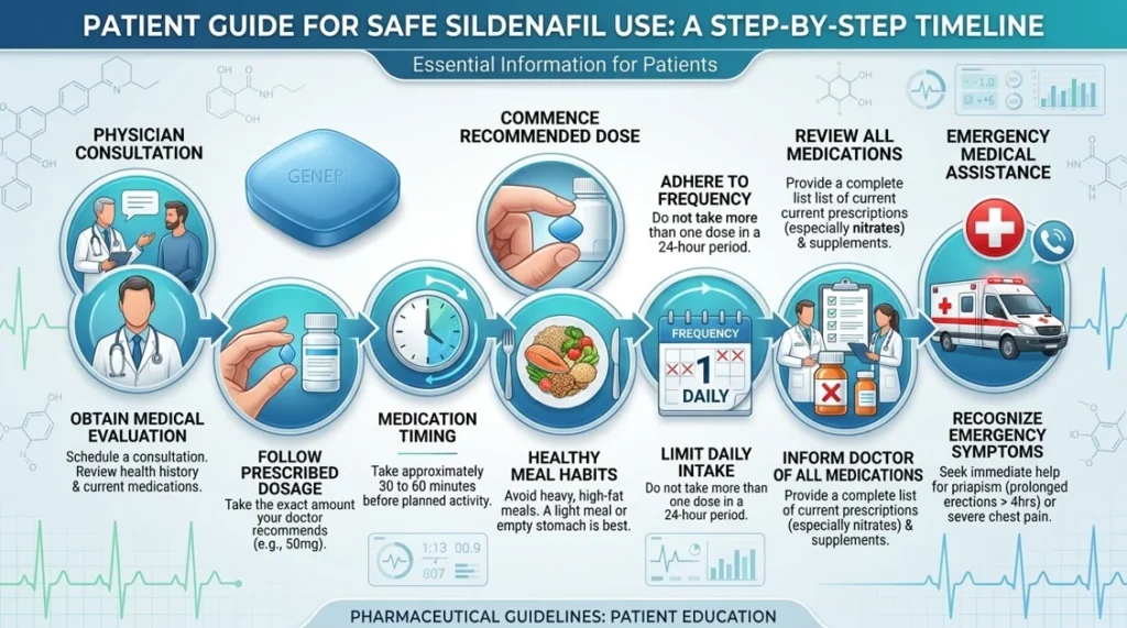 A clean medical infographic showing patient safety guidelines for Sildenafil, with icons for correct timing, avoiding nitrates, and warning signs.