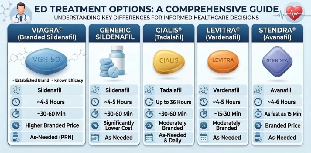 A comparison table showing treatment options for erectile dysfunction, comparing a Viagra tablet (Sildenafil) with Cialis and Levitra on dosage and effectiveness.