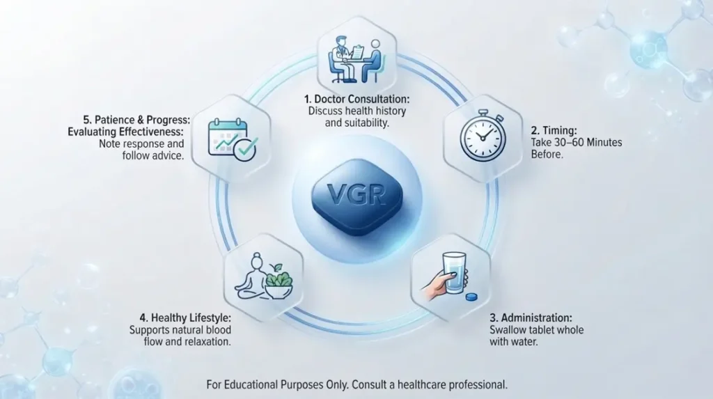 An infographic flowchart demonstrating the steps of doctor consultation, prescription options, and safe usage guidelines, surrounding a central blue circle with medical icons.